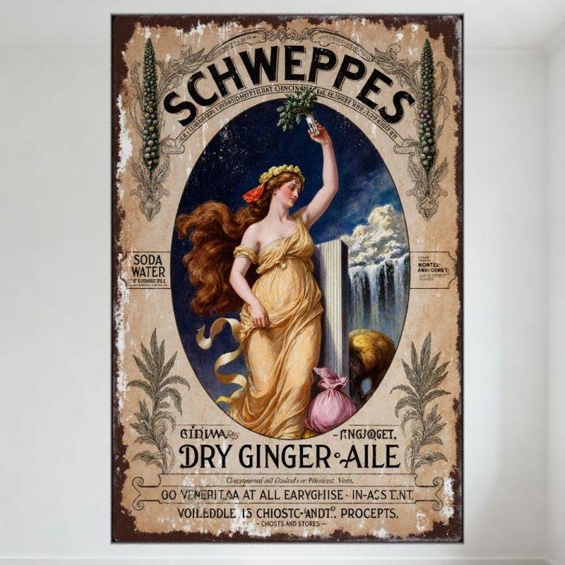 Винтажная металлическая жестяная вывеска Schweppes Dry Ginger Ale Ретро Рекламный плакат в стиле 19/20 века для Бара Кафе Дома Мужской пещеры De 20x30cm（7.8x11.8inch）
