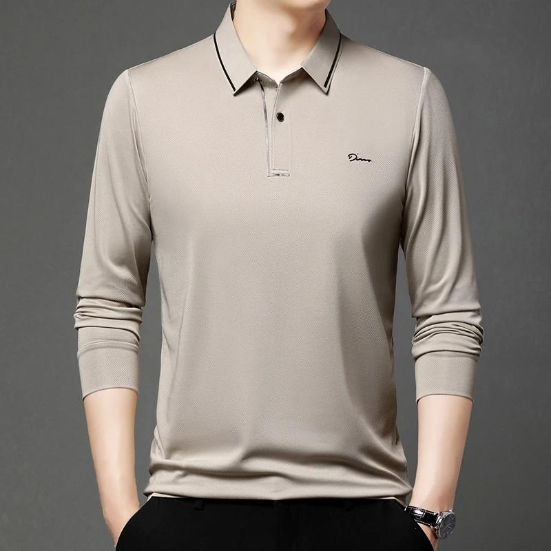 New Men'S Business Casual Long Sleeved Shirt With Badge Solid Color Polo Shirt Fashionable Breathable Comfortable Versatile Top
