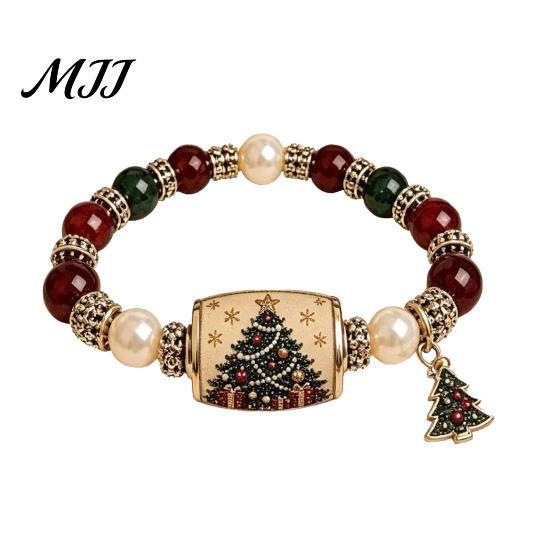 Stackable Charm Jewelry Christmas Beaded Stretch Bracelets, Faux Pearl Beads Fashion Holiday Accessory Santa Claus/Tree/Elk/Stocking Bracelet,