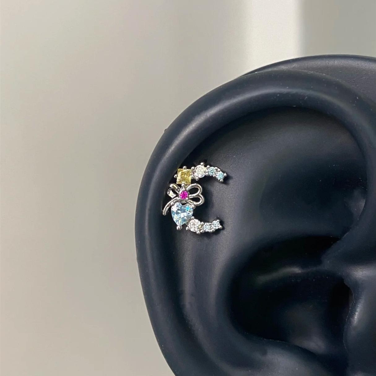 Sweetheart Colorful Zirconia Crescent Moon Titanium Stud Earrings