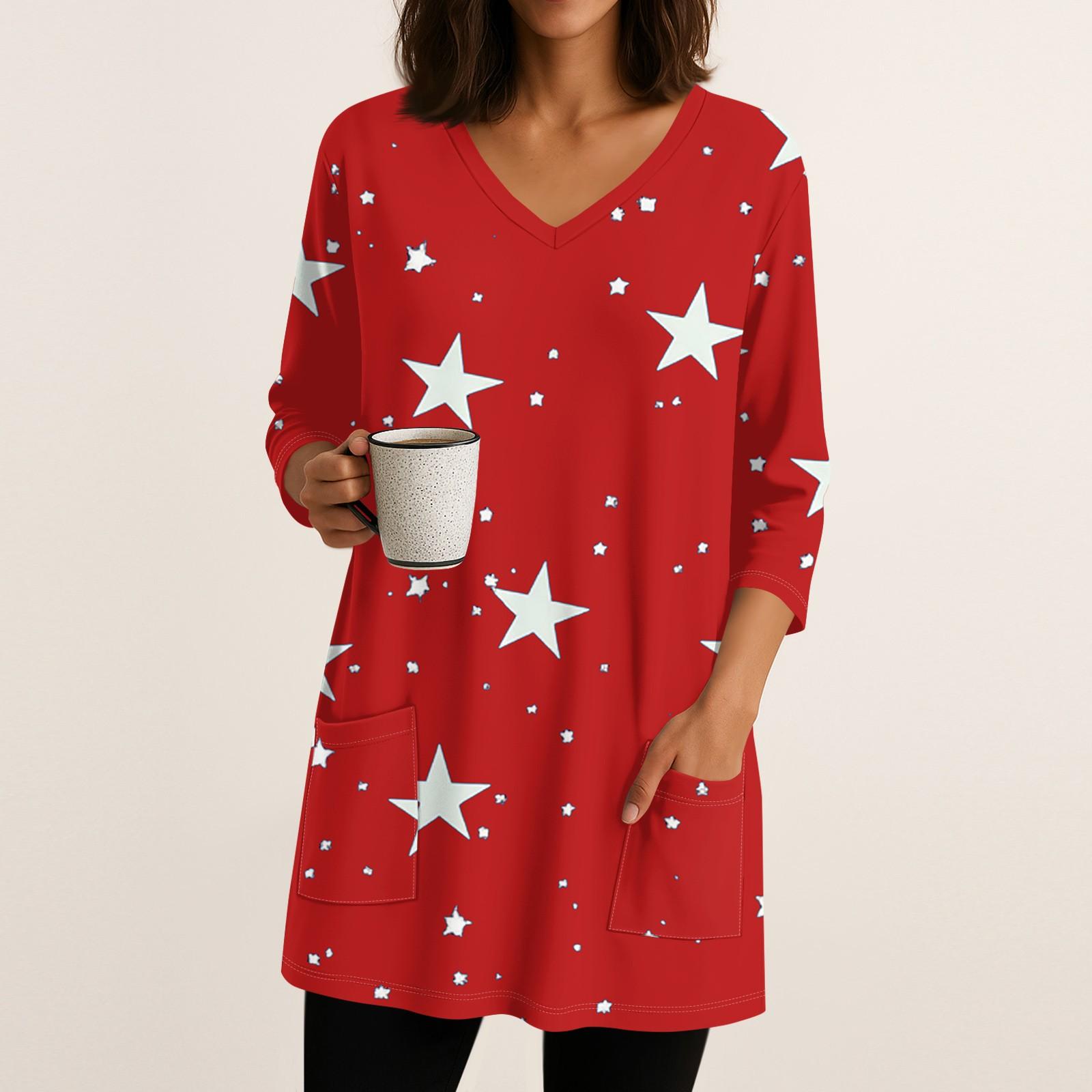 

Womens Tops V-neck 3/4 Sleeve Blouses Casual Mid-length Shirts Fashion Print Tunic Tops With Pockets M винний