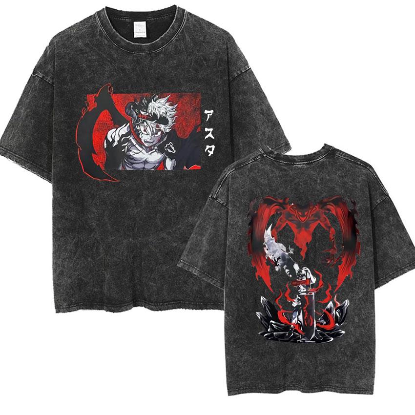 Vintage Washed Black Clover Asta Anime Oversized T-shirt Man's Fashion Loose O-Neck T-shirts Summer High Quality Cotton T Shirts