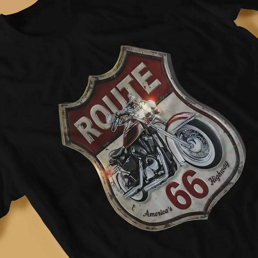 Men's Vintage Motorcycle Printed Short Sleeved T-shirt with US Route 66 Pattern T Shirt Cotton Round Neck Tee Casual Women Shirt