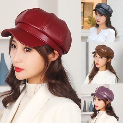 Béret en cuir pour femmes, couleur unie, chapeau de peintre polyvalent, chapeau octogonal de printemps