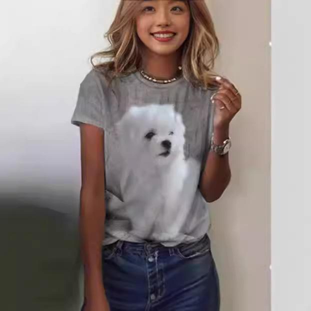 2024 New Women's T-Shirt Cute Puppy Pattern Printed Women's T-Shirt Extra Large Size T-Shirt Summer Ladies