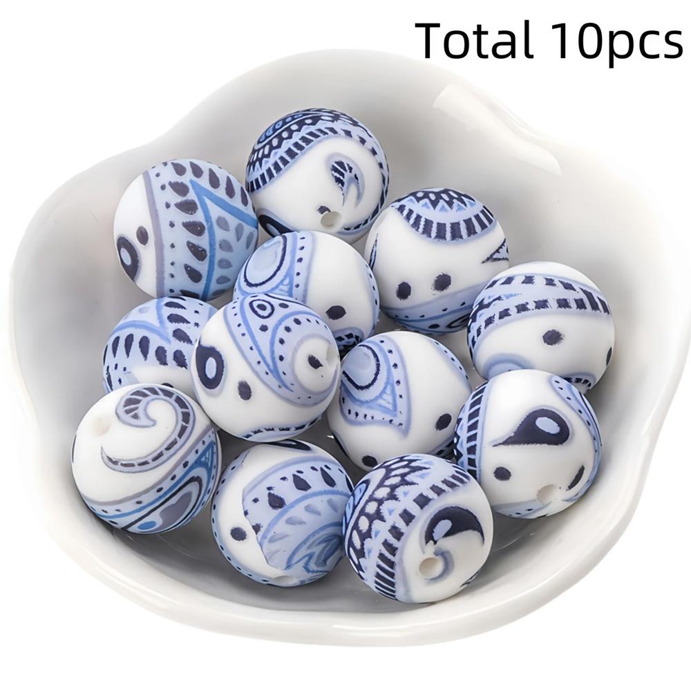 10/10pcs 15mm silicone beads with various styles of printed patterns, perfect DIY bead handmade accessories, fashionable jewelry