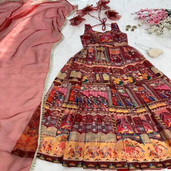 Maroon Multi-Print Traditional Lehenga Set with Dupatta
