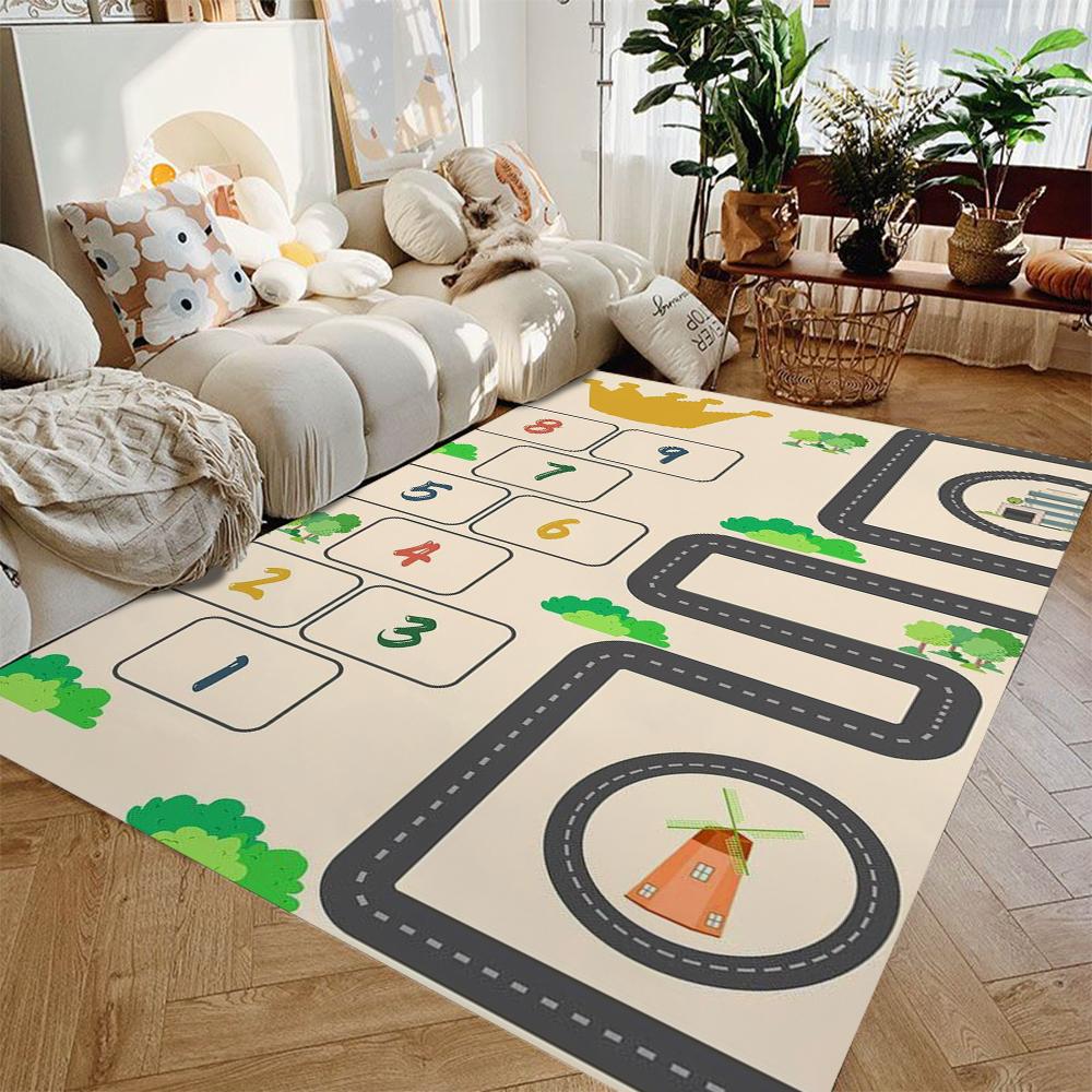 Kids Playroom Rug Gray Road & Hopscotch Design, Non-Slip Carpet Bedroom Living Room Bathroom Dormitories Floor Mat