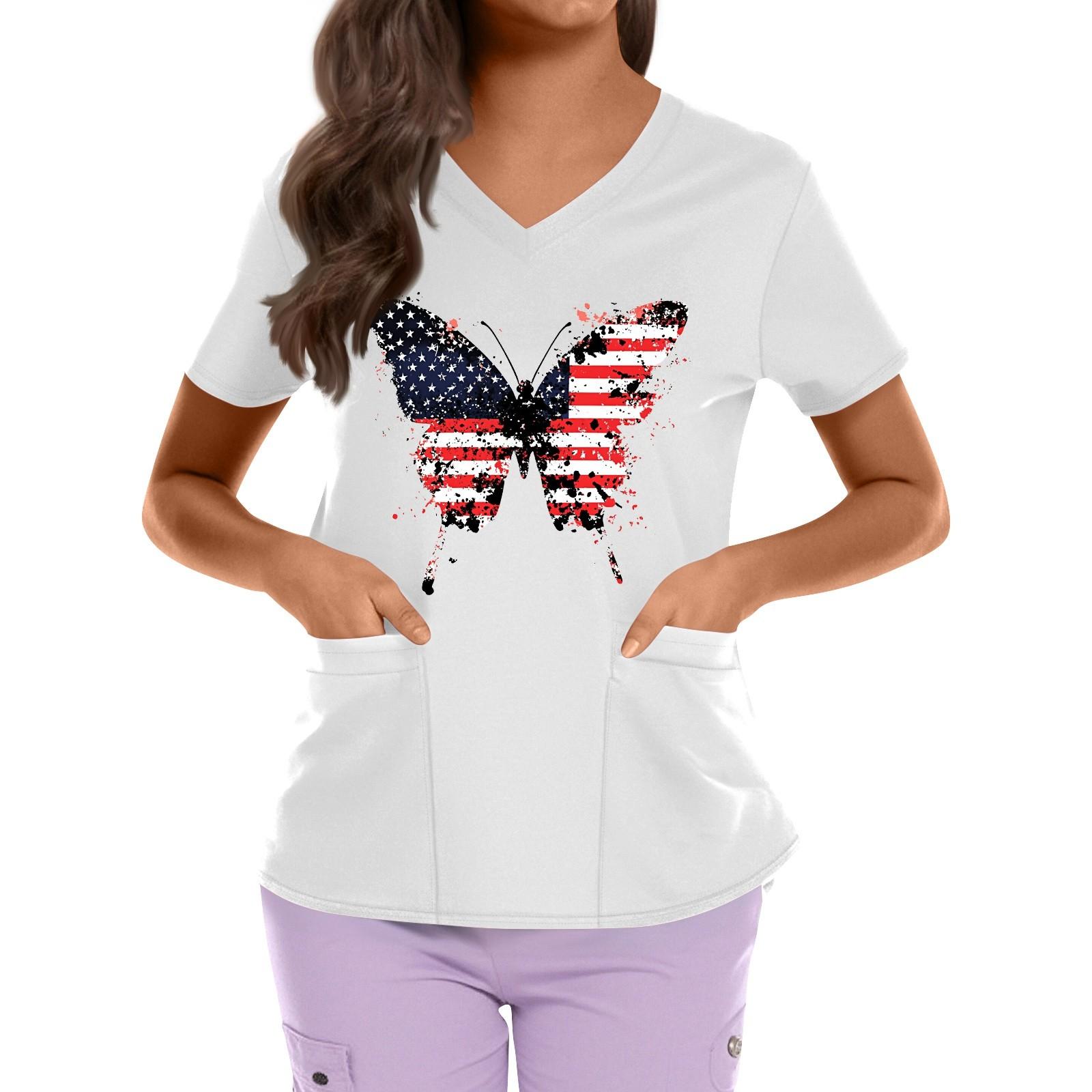 

Plus Size Printed Scrub Working Uniform Tops For Women s Cross V Neck Independence Day Print Short Sleeve Fun T-Shirts Workwear Tee With Pockets XXL білий