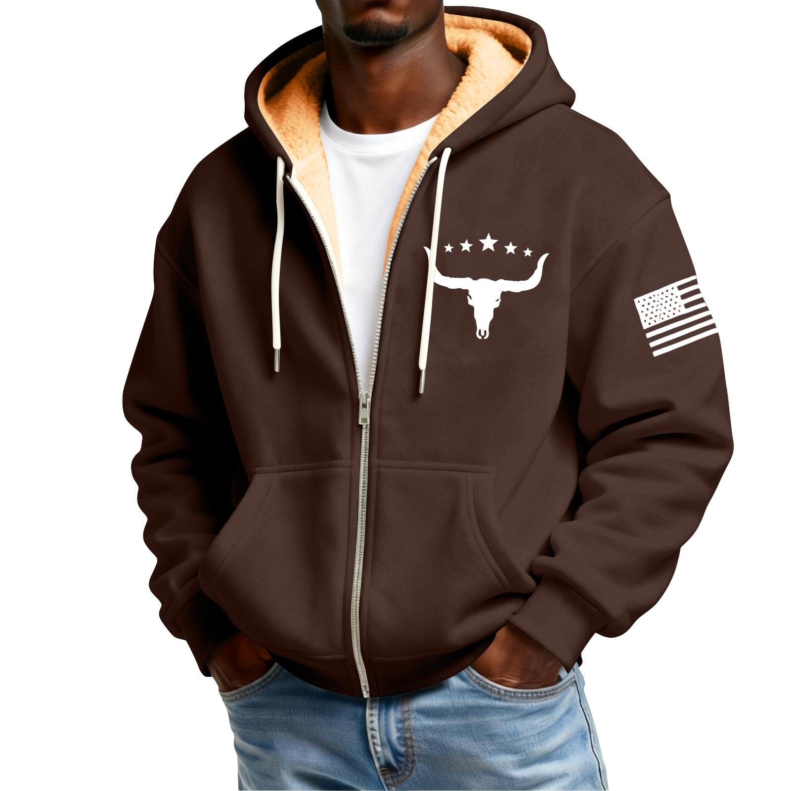 

Men s Print Fleece-Lined Zip-Up Pocket Hooded Sweatshirt Cardigan Men s Casual Sweatshirt Cardigan XL коричневий