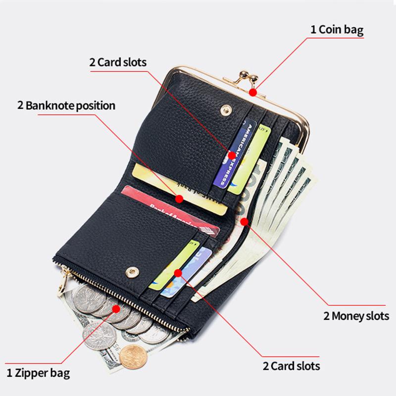 Womens Kiss Lock Wallet Small Genuine Leather Kiss Clasp Coin Purse Card Holder Bifold Clutch Wallet for Women with Metal Frame