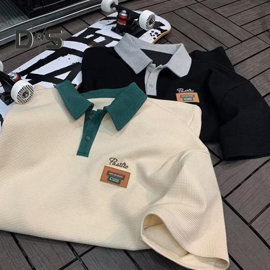 

Летняя мужская футболка с отложным воротником, винтажная свободная средняя длина, вафельная текстура, сплошной цвет, половина рукава, уличная одежда в американском стиле, топ на открытом воздухе 3XL красный