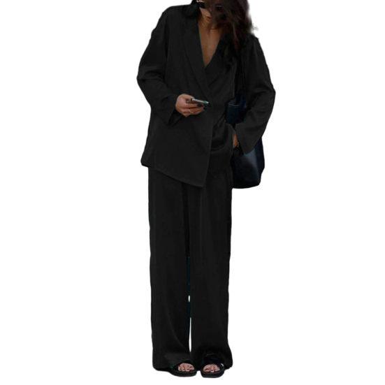

2 шт./компл., женское пальто, брючный костюм, формальный деловой стиль, однотонный, с длинным рукавом, свободный, с отложным воротником, с широкими штанинами, прямое женское пальто, комплект брюк M чёрный
