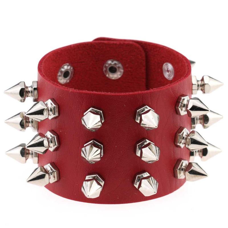 Hot Punk Gothic Rock Row Metal Stud Spikes Rivet Red PU Leather Wristband Bangles For Men Women Bracelet Unisex Jewelry