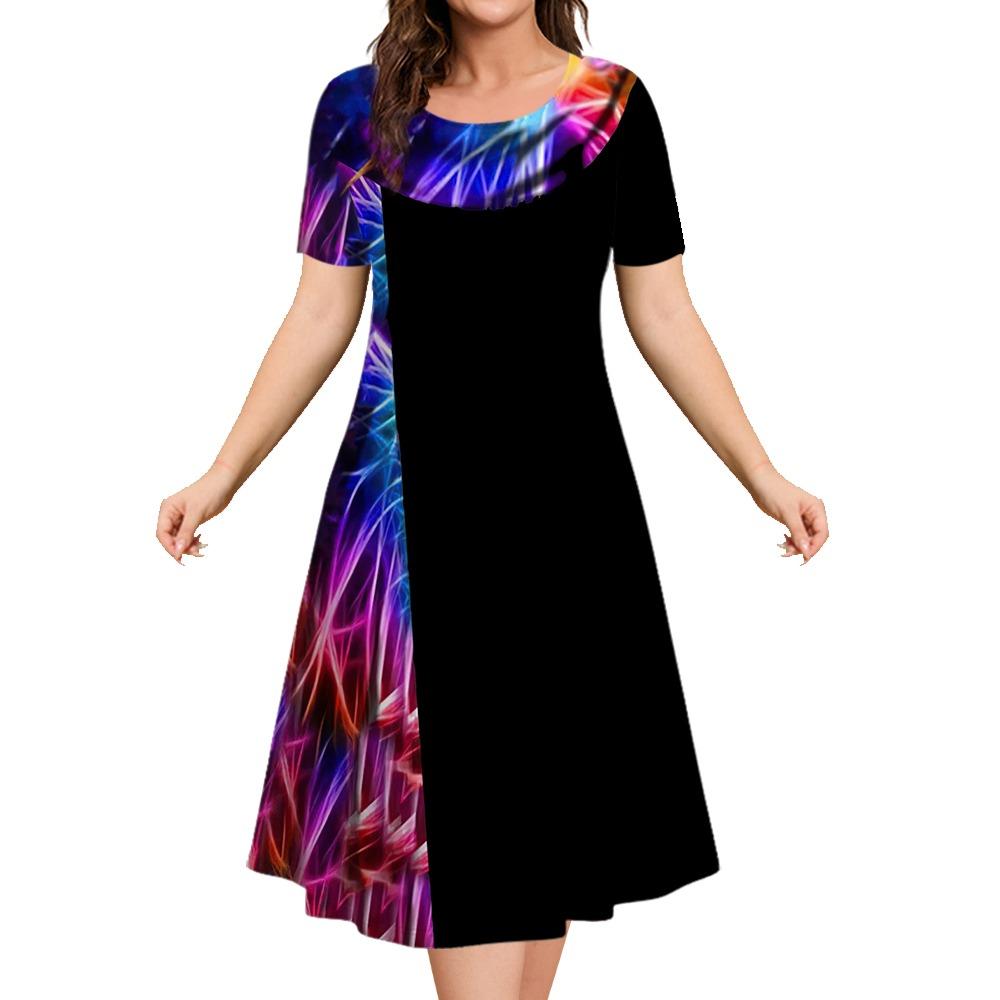 2025 Sommarklänningar för Kvinnor Patchworktryck Kort Ärm Damkläder Lös A-linjekjol Eleganta och Vackra Damklänningar