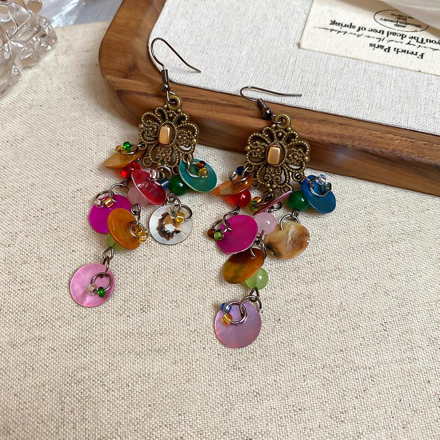 Cercei cu ciucuri în formă de scoică rotundă pentru femei, stil etnic retro, cârlige de urechi, cercei lungi boemi, temperament, lux, designer, zircon