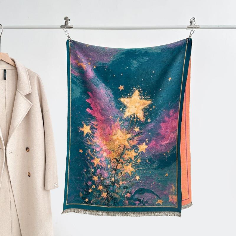 Autumn and Winter Oil Painting Style Scarf Fashionable and Versatile New Cold and Warm Medium and Long Star Scarf Atmosphere Shawl