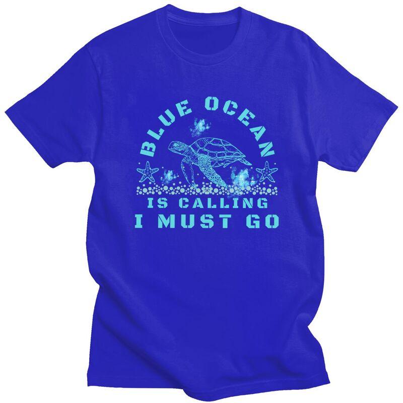 Classic Turtle Blue Ocean Is Calling T Shirt Men Short Sleeve Tshirt Casual Tee For Husband Father Pure Cotton Oversized Tshirt