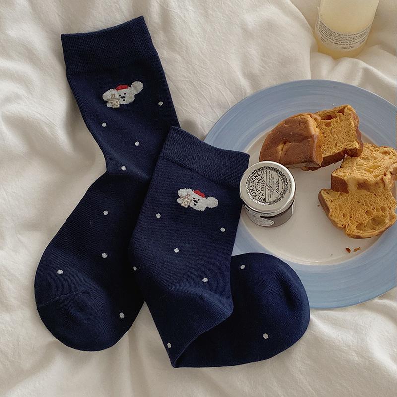 Female Spring and Autumn Color Striped Cute Cartoon Puppy College Wind Tube Pile Socks