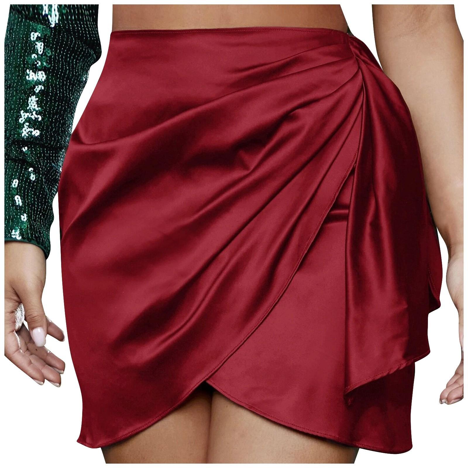 

Модная женская юбка с асимметричной молнией, плиссированная однотонная атласная юбка с высокой талией XL винный