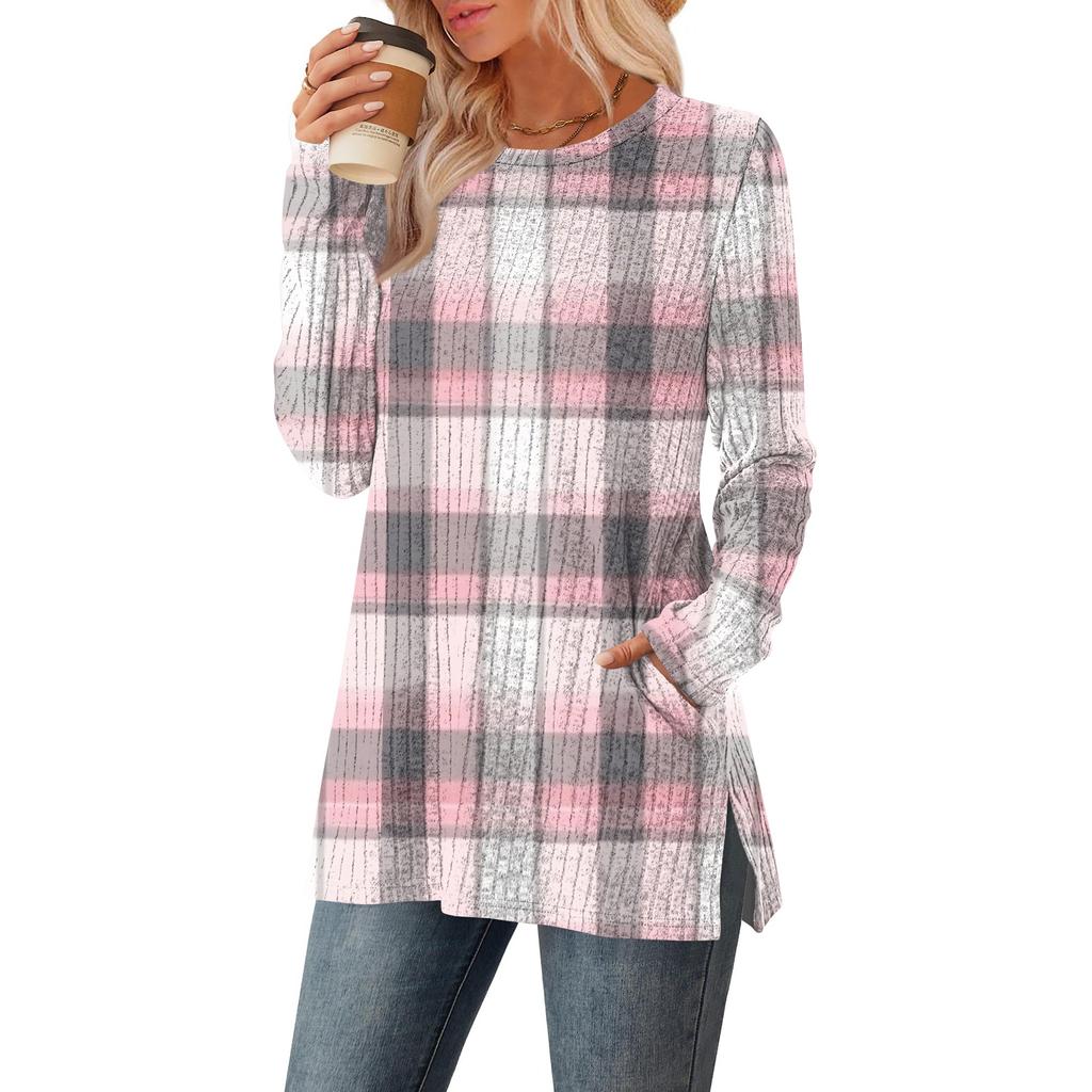 Women's Checkered Printed Round-neck Long-sleeved Top With Pockets And Side Slits