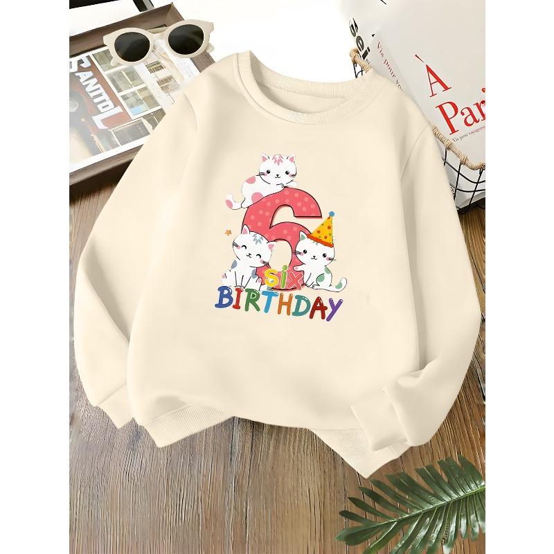 Kids Unisex Crewneck Sweatshirt, Cute White Spotted Cat Number Six Six Birthday Colorful Letter Long Sleeve Pullover For Boys Girls Over 4 Years Old