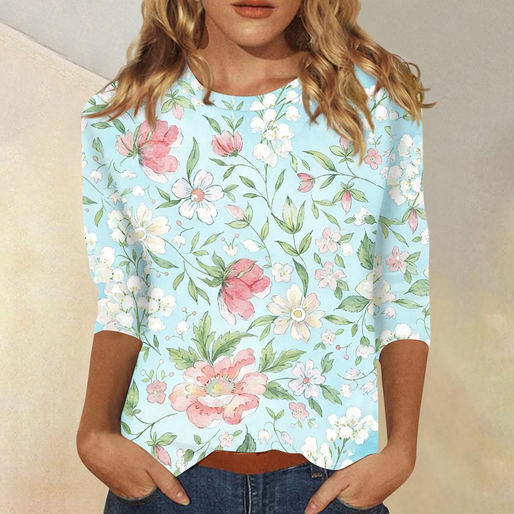 Women's Casual Floral Print Three Quarter Sleeve Round Neck Top Lightweight Comfortable Fit for Everyday Wear