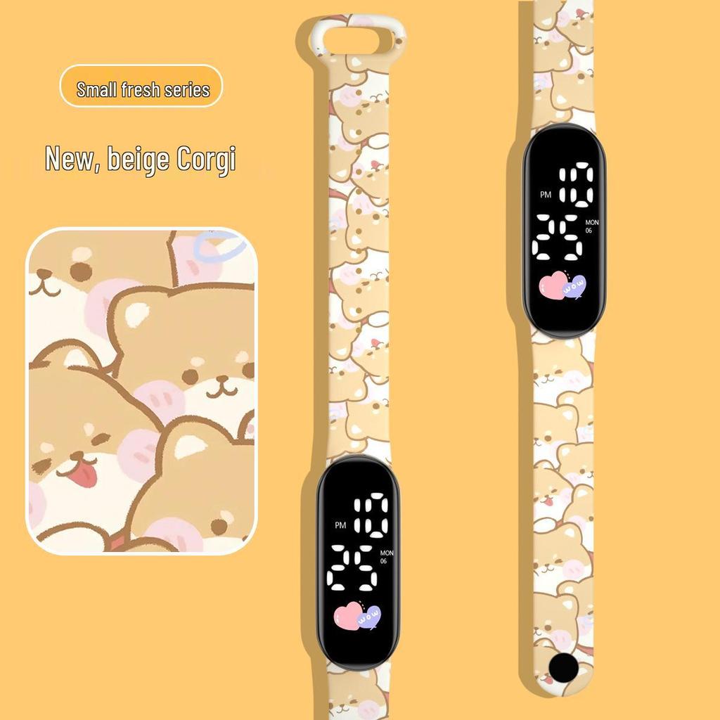Girls' LED Cartoon Ink Waterproof Sports Watch with Luminous Bracelet Design