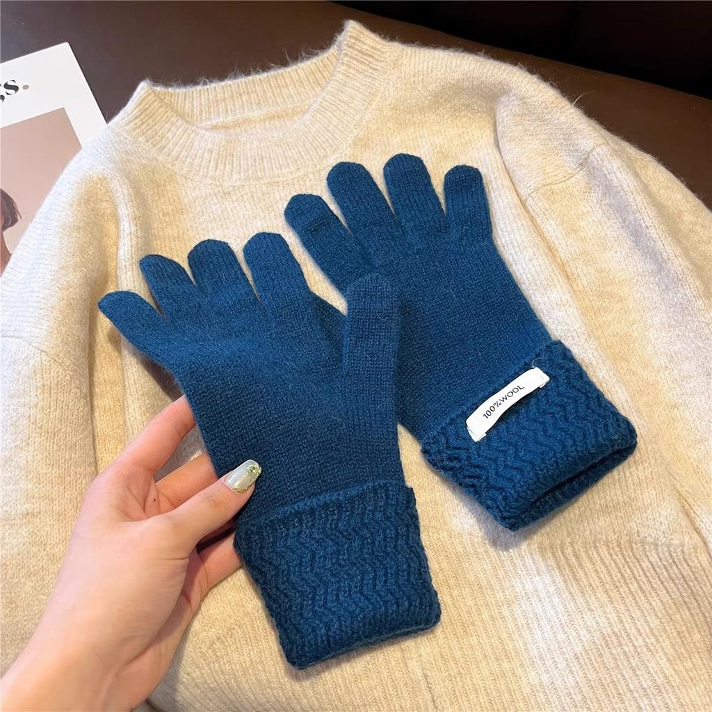 Australian Pure Wool Corrugated Set for Women Thickened Warm Fingerless Touch Screen Knitted Hand Gloves