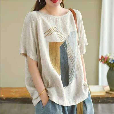 Summer Retro Artistic Blouse Cotton Linen Printed Top Loose Short Sleeved Round Neck Casual Pullover T-shirt