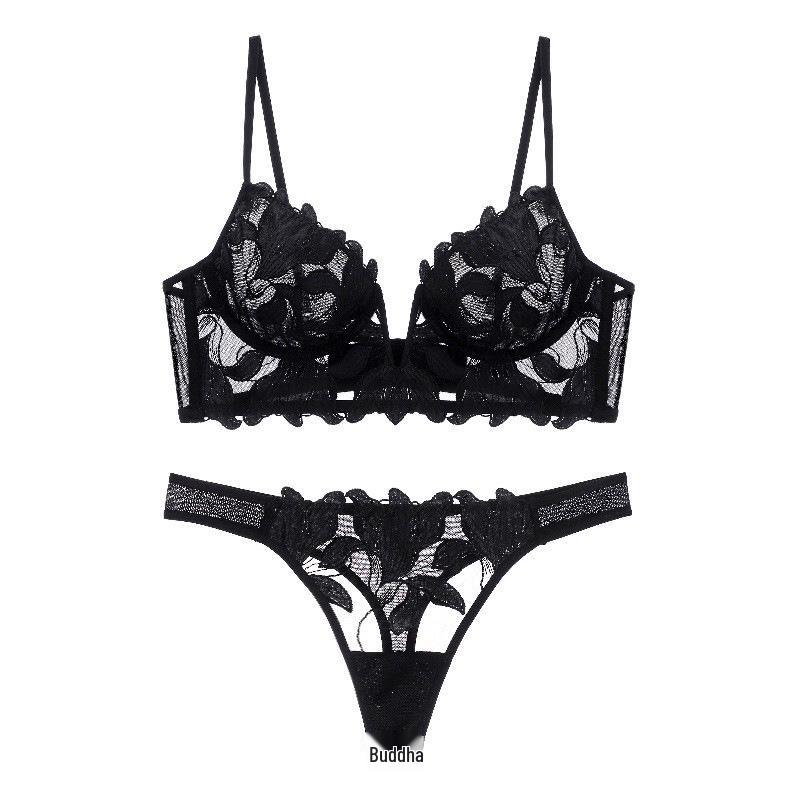 European & American Deep V Embroidered Lace Lingerie Set: Ultra-Thin Chest Minimizing Bra.