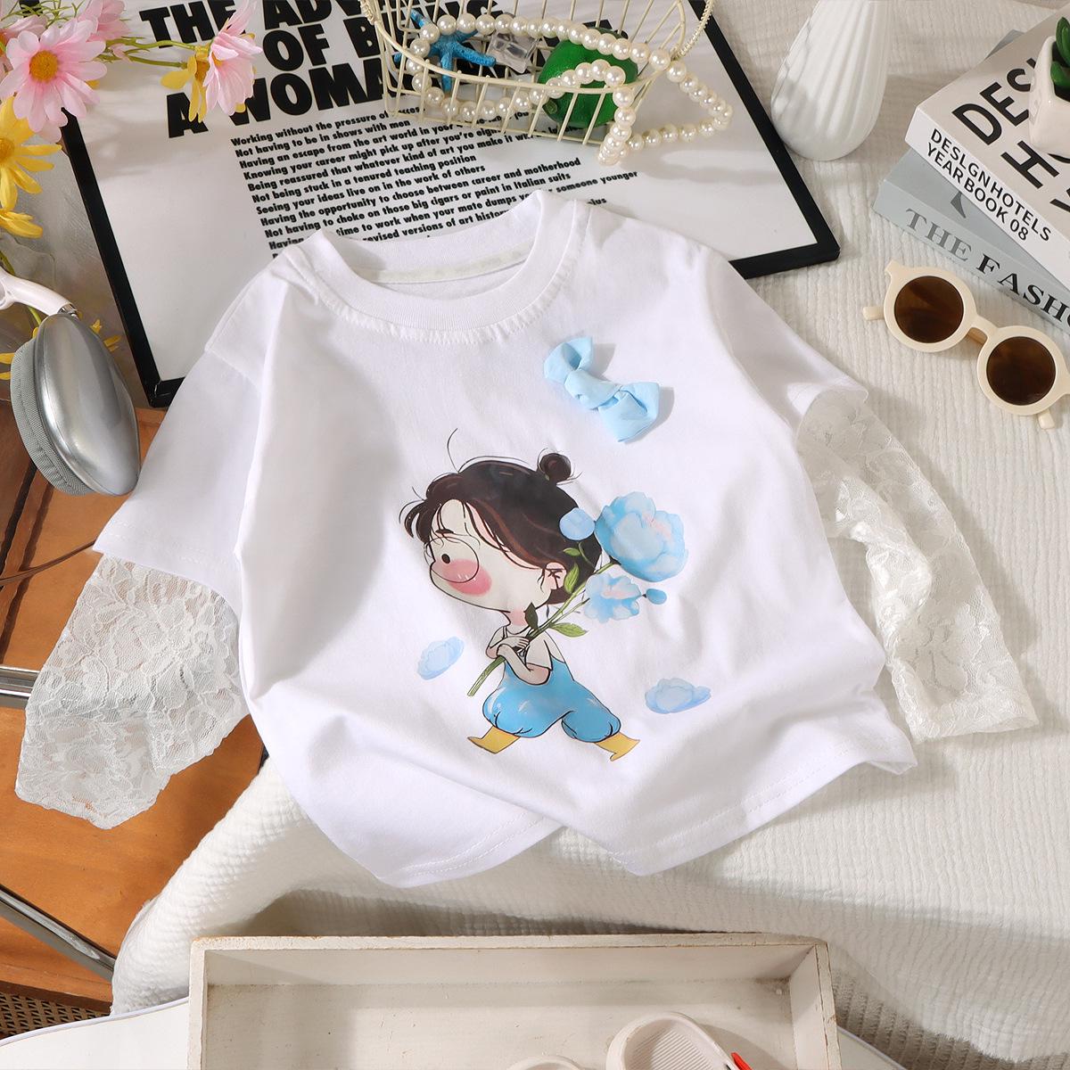 

Летний комплект из двух предметов с 3D-принтом, кружевом и хлопка, защищающий от комаров, с коротким рукавом для маленькой девочки 120 cm