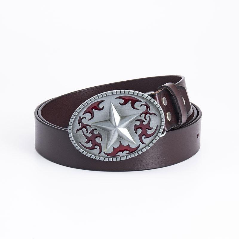 Pentagram Leather Men's Cowhide Belt Retro Smooth Buckle Wide Belt Decorative Belt