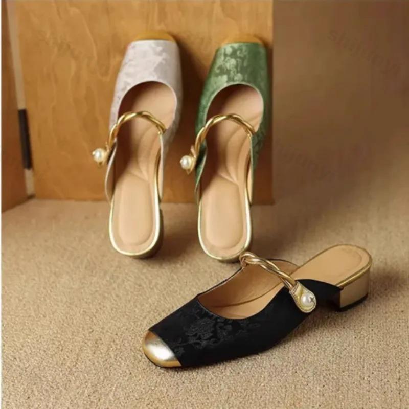 Fashion Satin Luxury Square Toe High Heels Women Fashion Designer Sandals Women Green Slingback Party Dress Shoes Muller Pumps Women