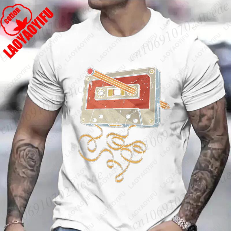 Mens Vintage Cassette Tape with Pencil Tshirt for Guys Funny Graphic Tops Birthday Clothes Fashion Casual Comfortable Cotton Tee