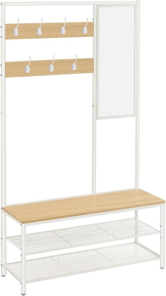 Kleiderständer mit Schuhablage, Garderobenbaum mit Spiegel, Haken, Bank und Schuhregalen, 35 x 98 x 180 cm, Vorraum