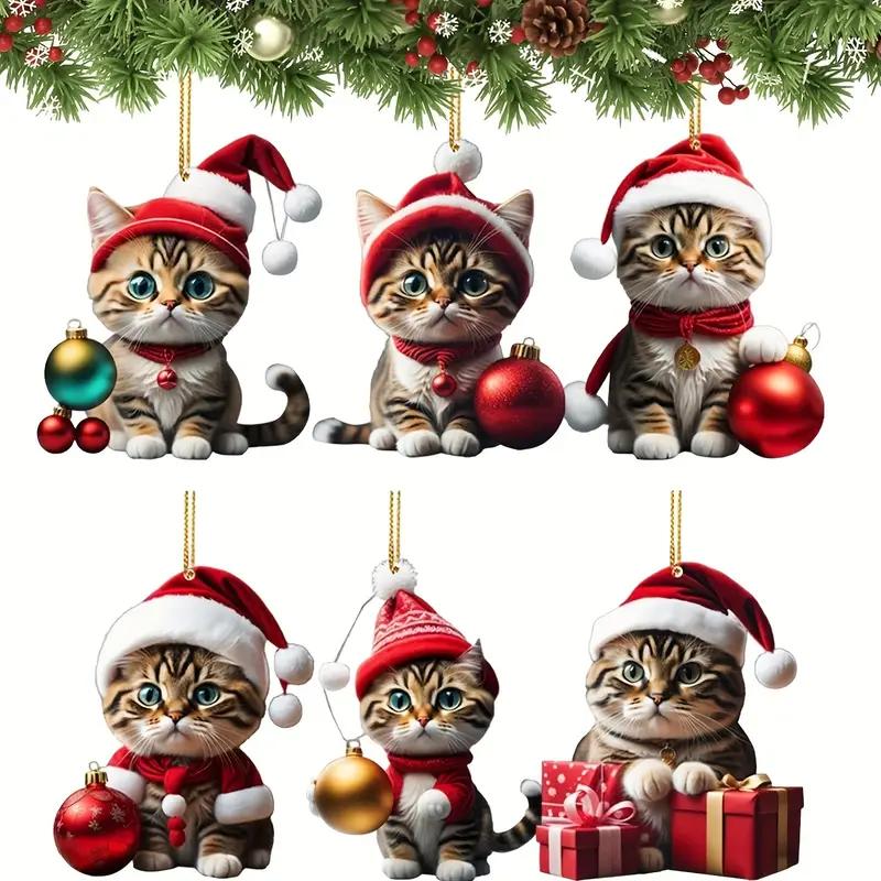 Acrylic Christmas Cat Pendant  Holiday Design with Christmas Hat for Christmas Tree Car Rearview Mirror Home Party Holiday Decor