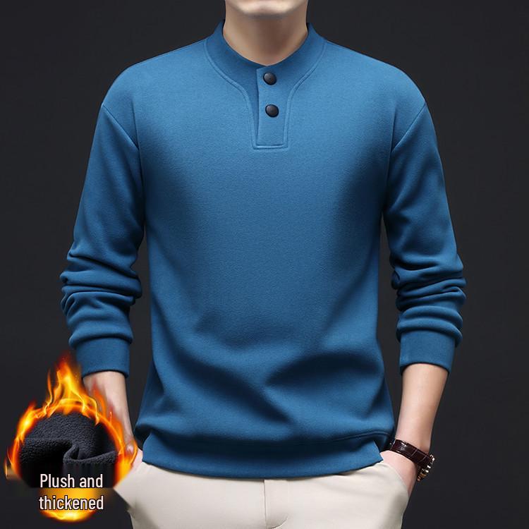 

Men s Fleece-Lined Velvet Two-Button Hoodie Winter Base Layer T-Shirt - Solid Color, Thick & Warm New Arrival L зелений