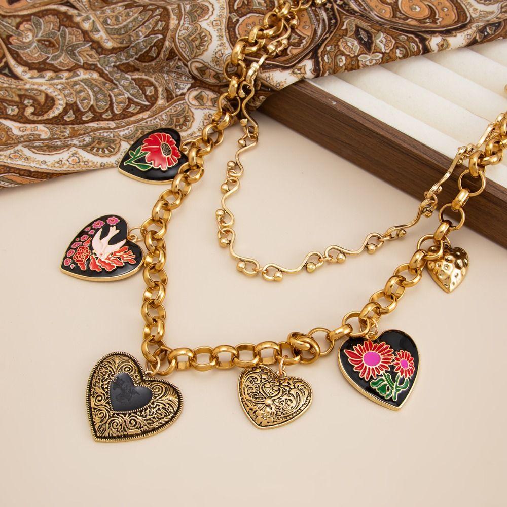 Floral Enamel Necklace Metal Chain Bohemian Collarbone Chain Fashion Multi Layer Choker  Gift