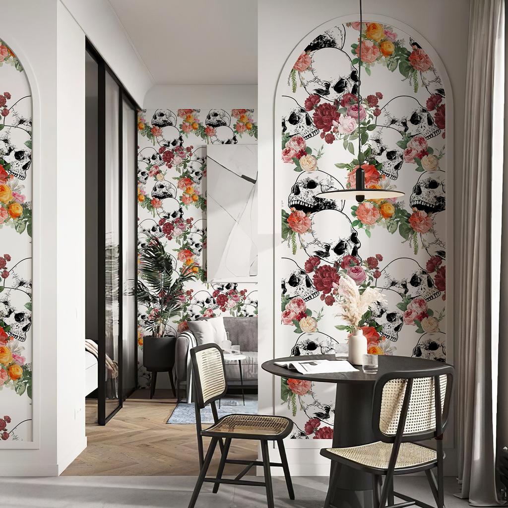 White Skull Rose Vinyl Wallpaper Chic Halloween Peel And Stick Flower Wall Decor Festival Self Adhesive Cabinet Sticker