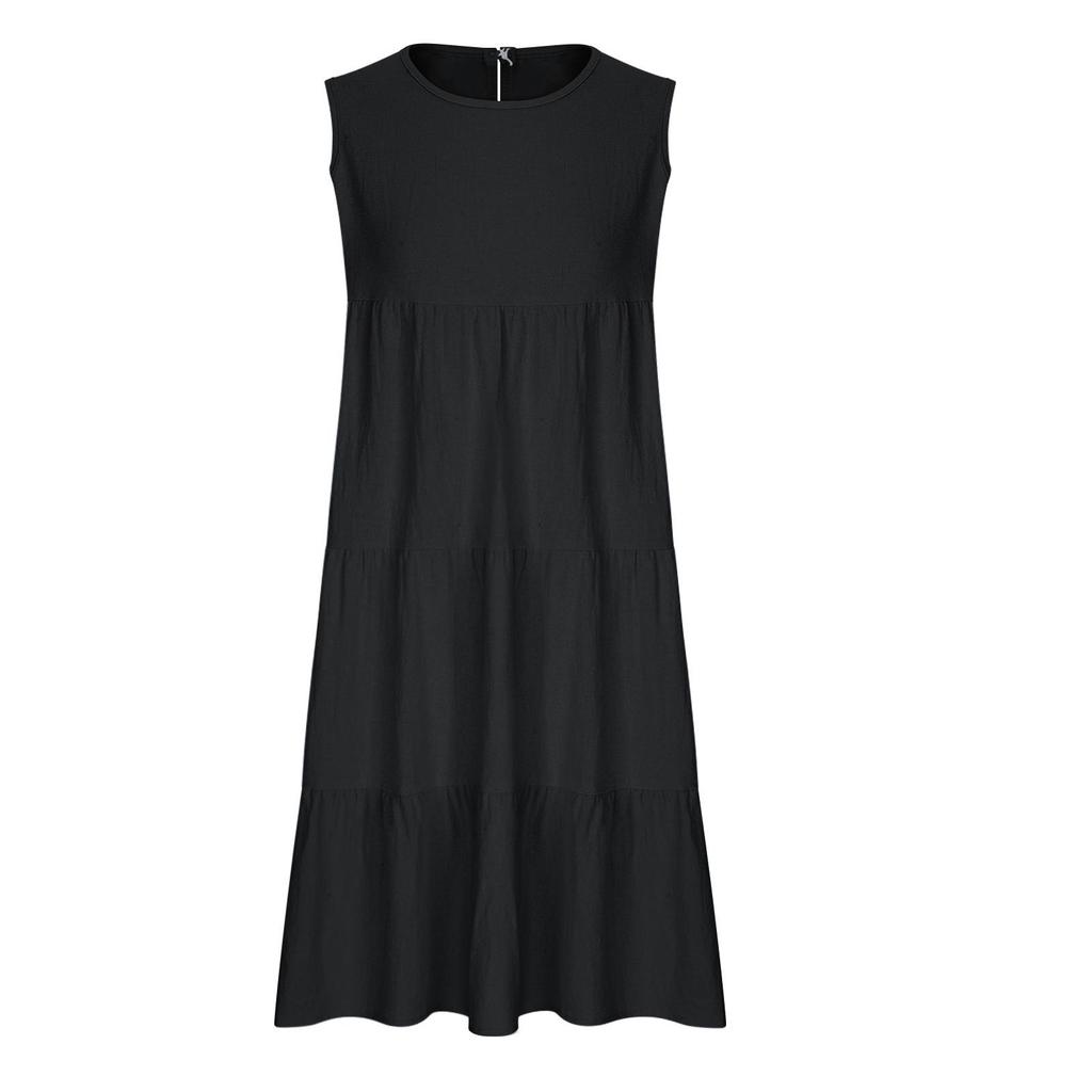 2024 Summer Women's Plus Size Cotton Linen Sleeveless Patchwork Loose Dress