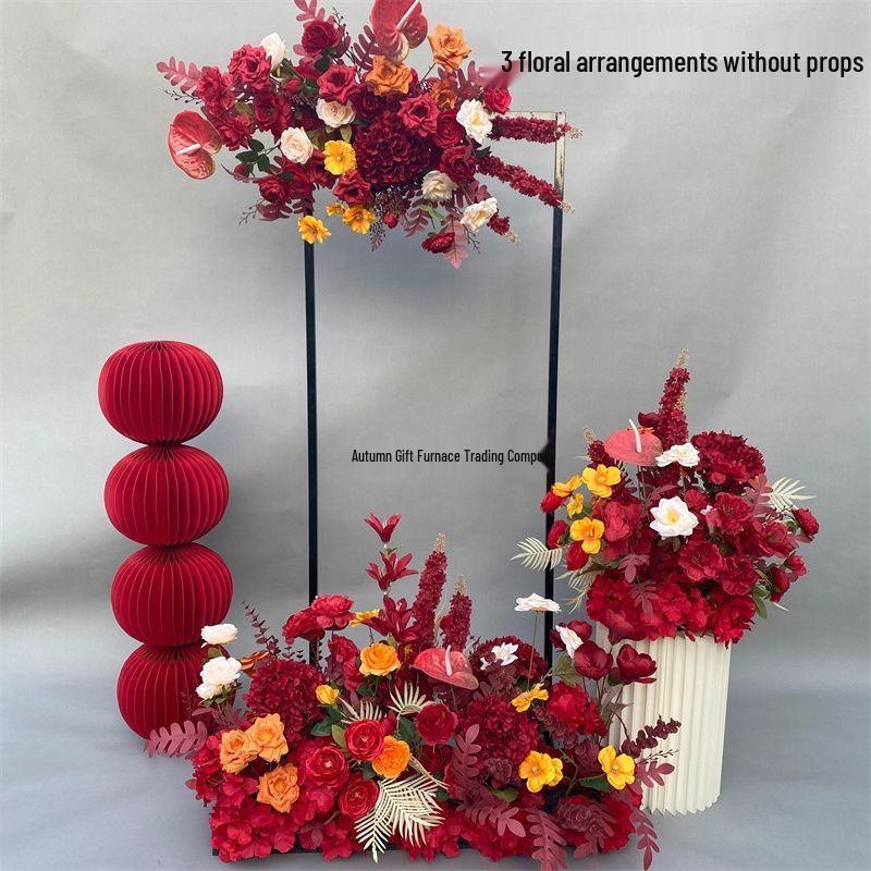 Red Chinese Engagement Wedding Floor Arrangement - Aisle and Stage Silk Flower Decoration