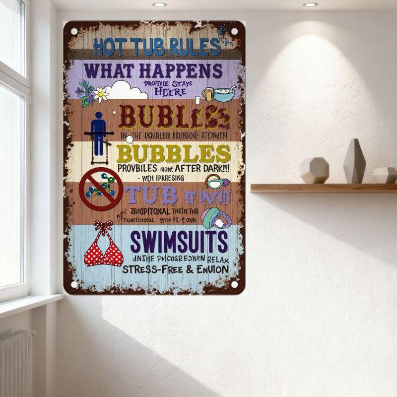 Vintage Humorous Hot Tub Rules Metal Tin Sign Rusty Edge Retro Distressed Wall Plaque for Man Cave Bar Home Decor with Whimsical
