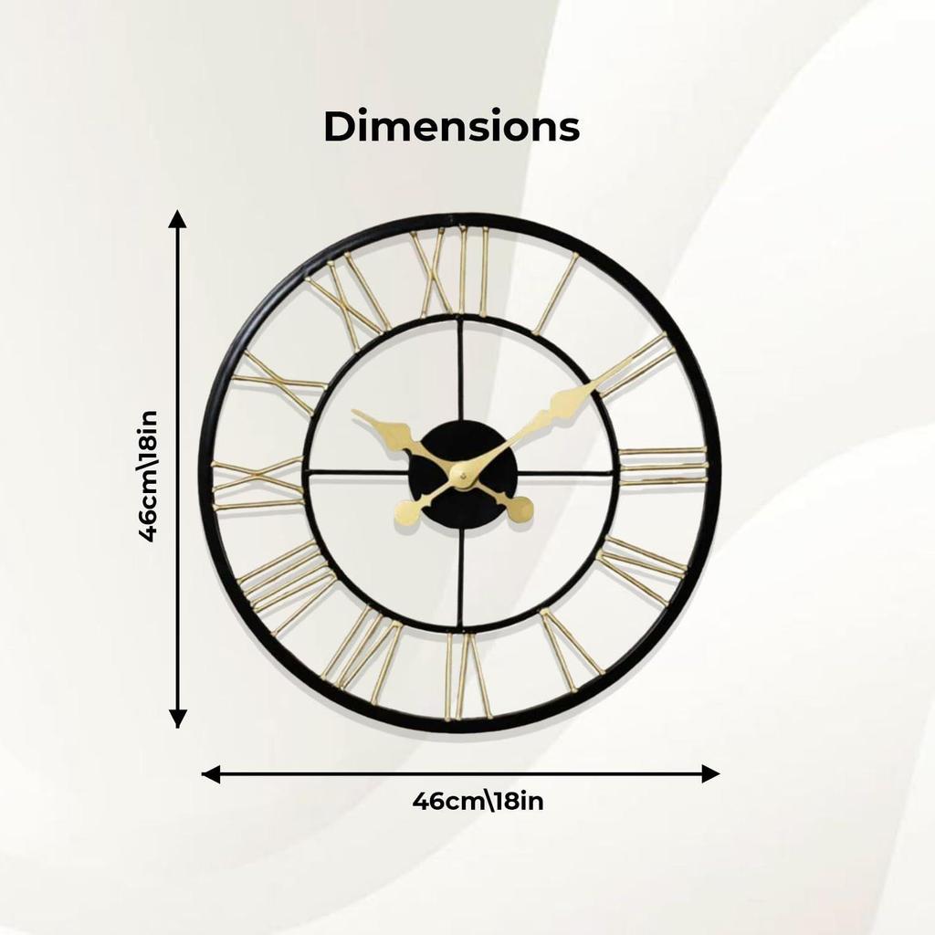 Eisenstange Offenes Zifferblatt Römische Ziffern Transparente Wanduhr Analoguhr für Wohnzimmer Schlafzimmer Büro (18 Zoll, Schwarz)