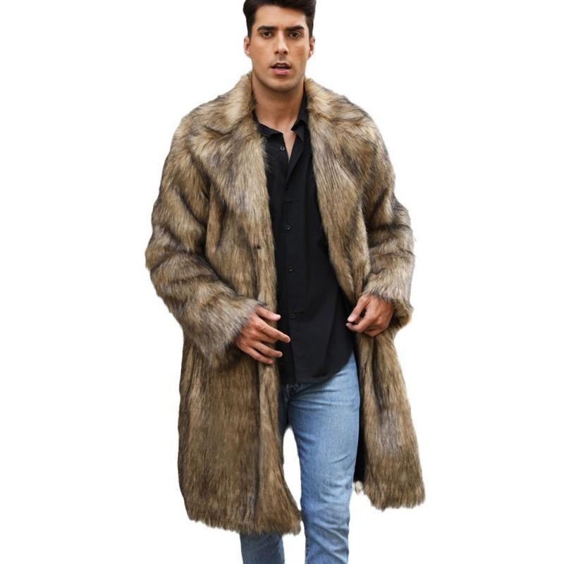 Cappotto Lungo Oversize alla Moda da Uomo Invernale in Morbido Ecopelliccia con Collo a Revers Caldo
