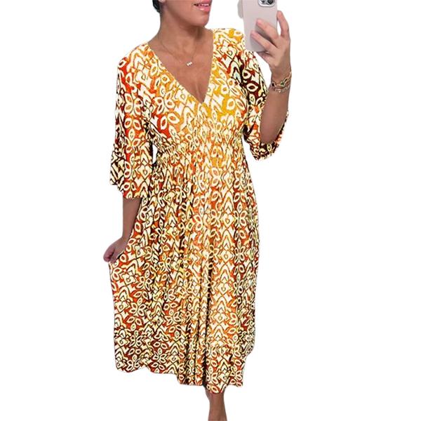 Women's Summer Bohemian Long Dress V-Neck Half Sleeve A Line Dresses Loose Floral Printed Sundress