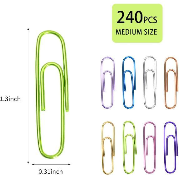 Paper Clips, 240pcs Medium Size Colored, PaperClips Assorted Colors, Paper Clips for Paperwork Office School and Personal Use