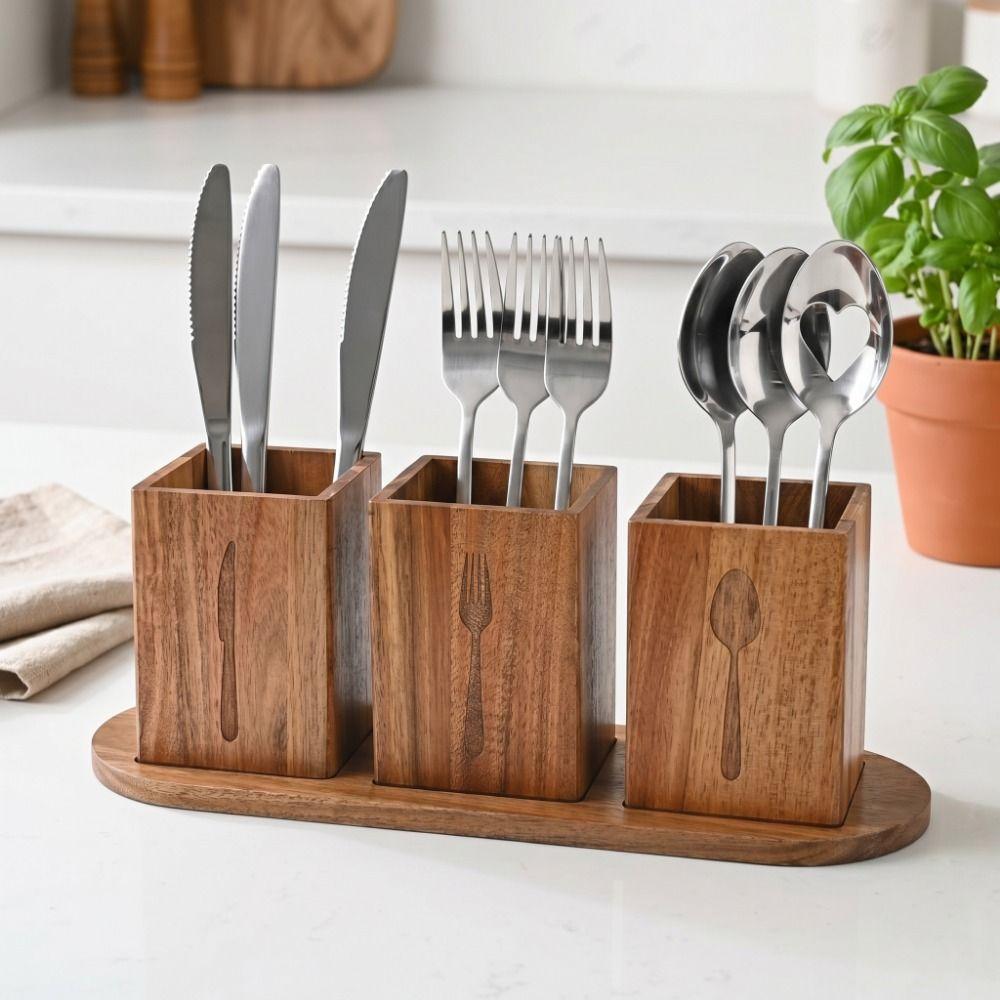 Space Saving 3 Compartment Cutlery Holder Wooden Flatware Organizer  Farmhouse