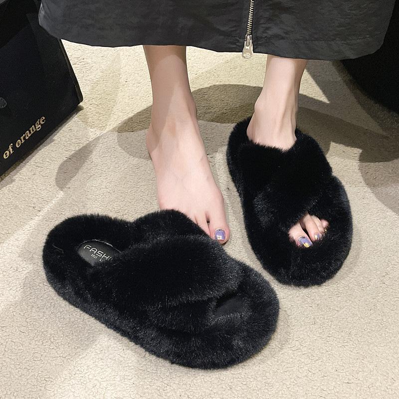 4Cm heel large size fluffy slippers women's 2025 winter new thickened warm non-slip Korean version indoor cotton slippers