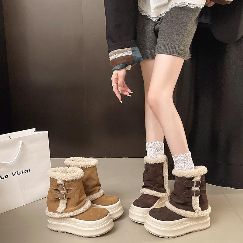 Жіночі Легкі Зимові Утеплені Снігові Чоботи на Товстій Підошві Комбінація Шкіри та Хутра Стійкі до Ковзання Міцні Повсякденні Спортивні Бавовняні Чоботи Хутряні Чоботи